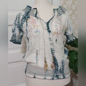 Desigual White & Teal Tie-Dye Embroidered Boho Tunic